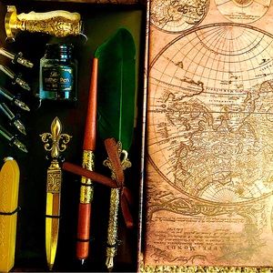 Harry Potter inspired Deluxe Emerald Green feather & Pen 2 Quill Set W/Wax Seal